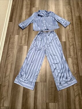 Free People Light Blue Satin Striped Pajama Set - Medium (Top and Bottom)